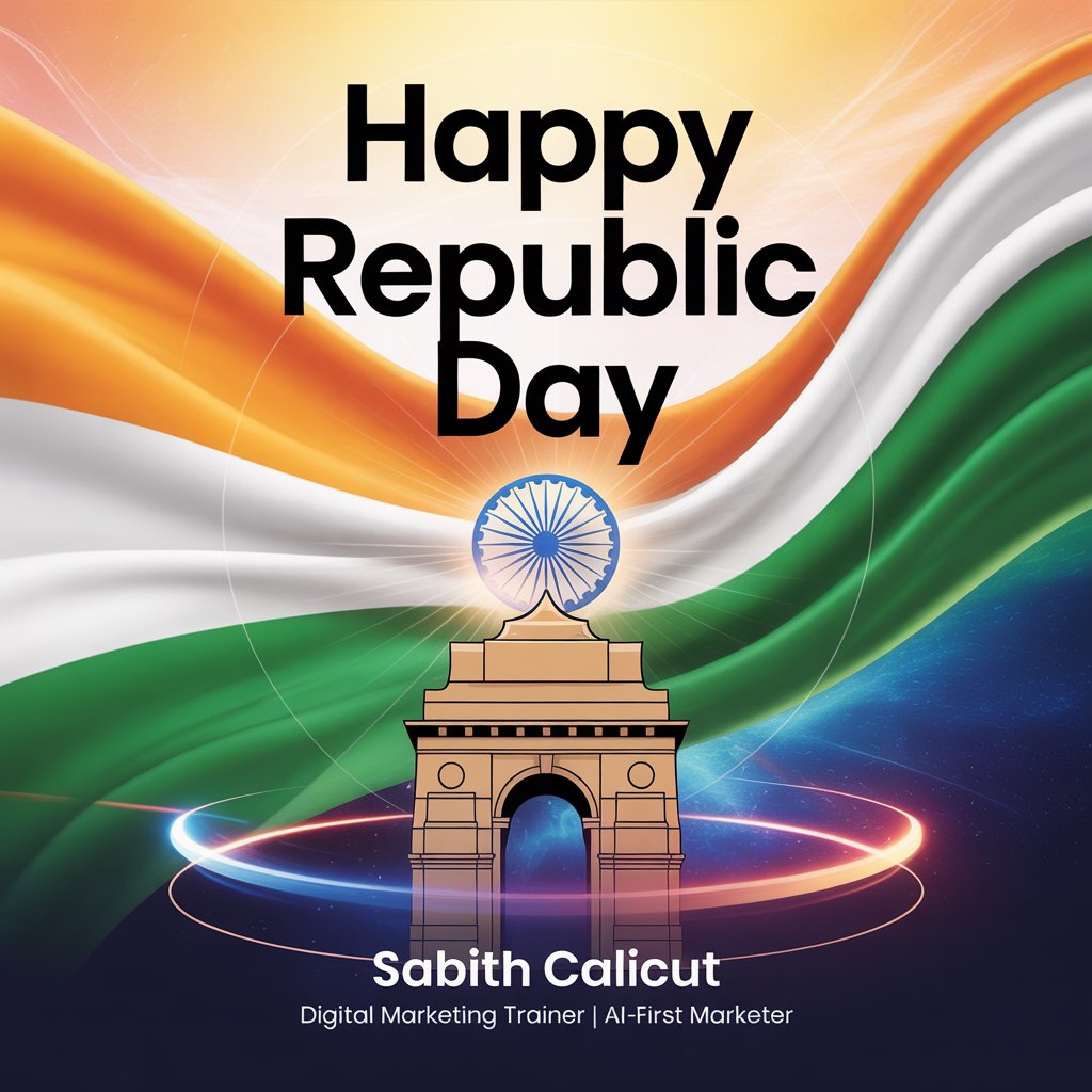 Republic Day poster with Ashoka Chakra, Indian flag, and India Gate in a futuristic digital illustration style, branded as Sabith Calicut, Digital Marketing Trainer and AI-First Marketer from Calicut