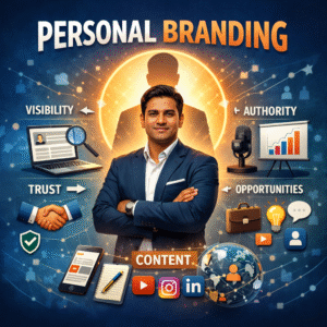 Personal branding illustration of Muhammed Nihab, an AI digital marketing professional, showcasing visibility, trust, authority, and content creation for strong personal branding and online business growth.