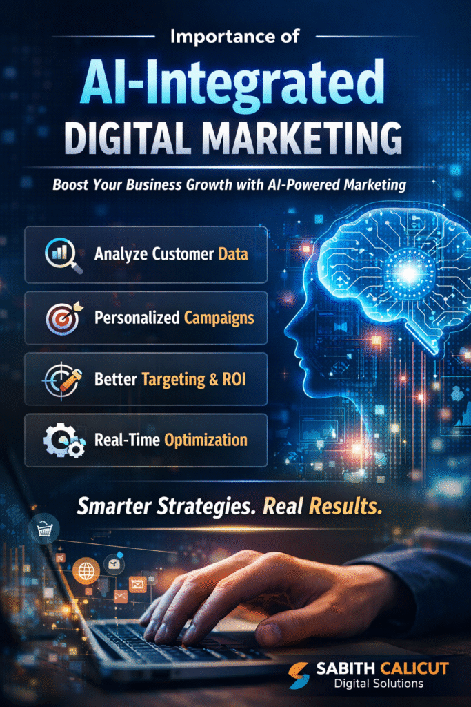 Infographic showing the importance of AI-integrated digital marketing, featuring a digital human brain illustration, data icons, and key benefits such as customer data analysis, personalized campaigns, better targeting and ROI, and real-time optimization, branded with Sabith Calicut Digital Solutions.