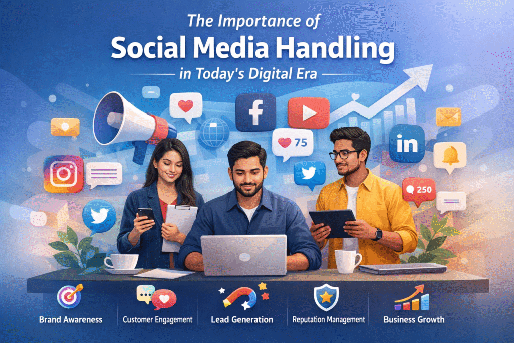 Digital illustration of professionals handling social media platforms, representing social media handling services, digital marketing strategy, brand awareness, customer engagement, lead generation, and business growth in Calicut.